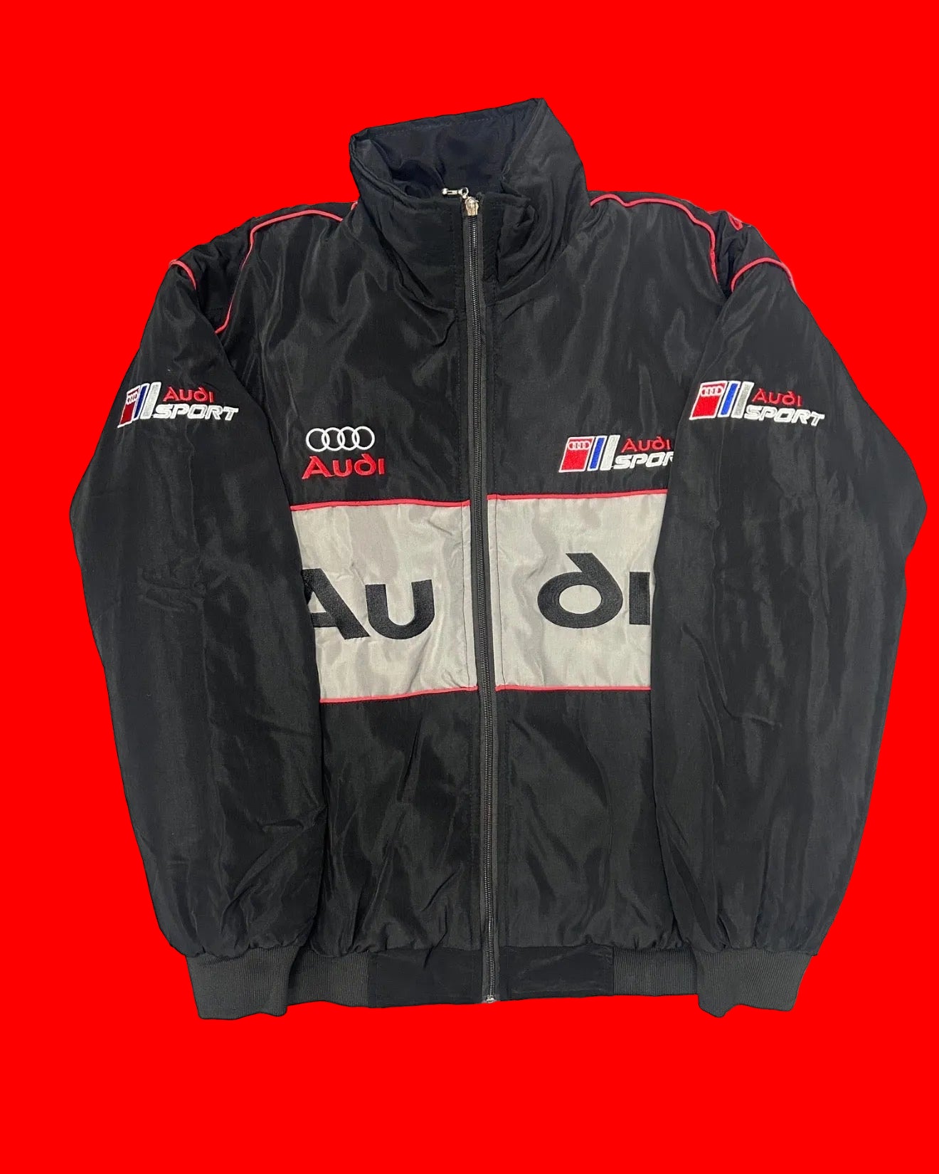 Retro Audi Sport Bomber Jacket - Black Red Trim Grey Chest Panel Motorsport Style