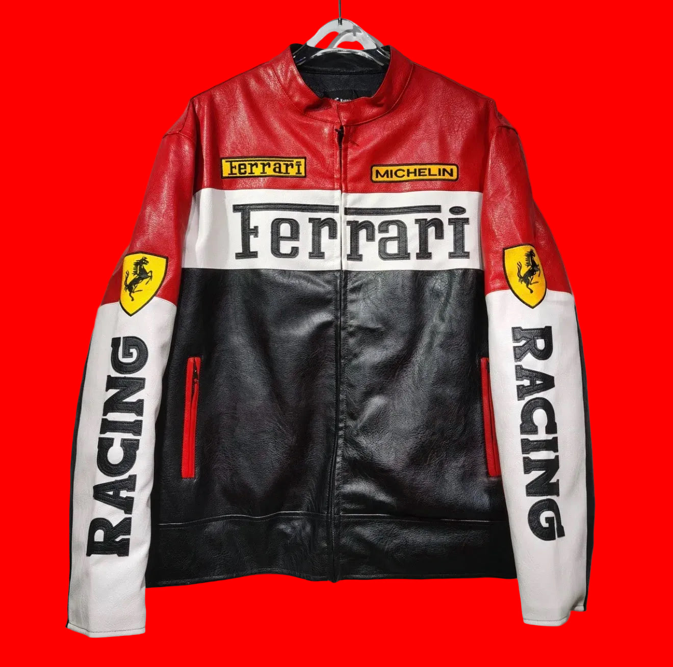 Ferrari Red & White Racing Leather Jacket - Michelin Patches & RACING
Sleeves