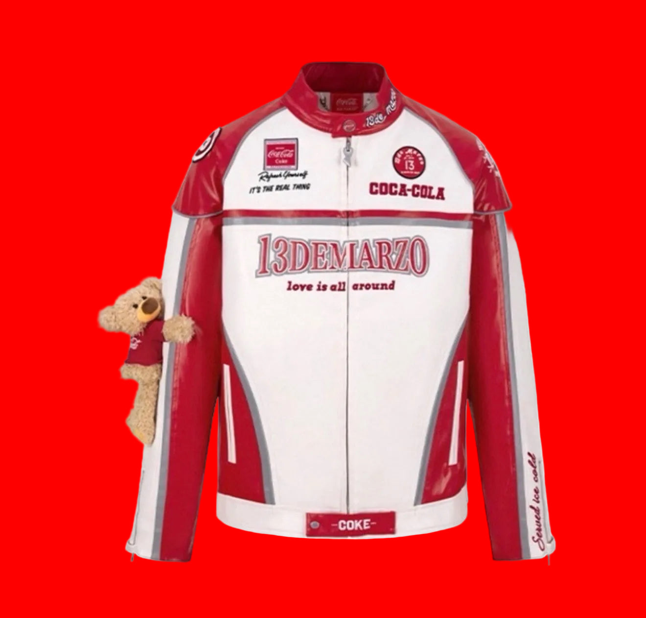 13DE MARZO x Coca-Cola Bear inspired Racing
Leather Jacket - Red/White