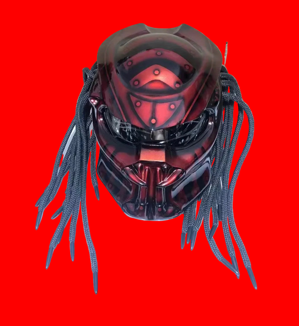 Custom Predator Motorcycle Helmet with Dreadlocks - Full Face Red Black DOT Approved
