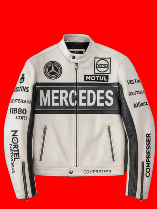 Iconic Mercedes Motorsport Jacket
Leather - Motul Lexus Sponsors White with Black Band Racing Bomber